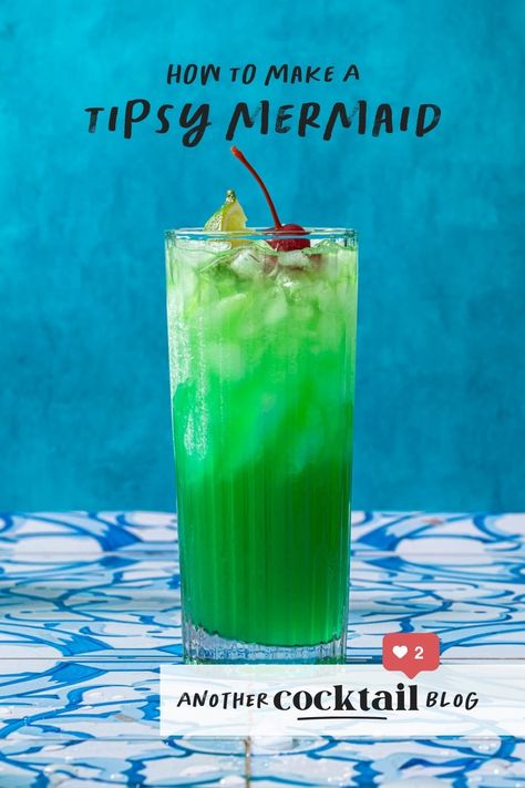 Ah, the tipsy mermaid - a beautiful, colorful drink featuring flavors of pineapple, melon liqueur and blue curaçao. This tropical rum cocktail is as fun to make as it is to drink. Garnish with a lime and cherry before serving. Melon Liqueur Cocktails, Mermaid Water Drink, Tipsy Mermaid, Drink Garnish, Mermaid Drink, Rum Cocktail Recipes, Melon Liqueur, Cocktail Umbrellas, Colorful Drinks