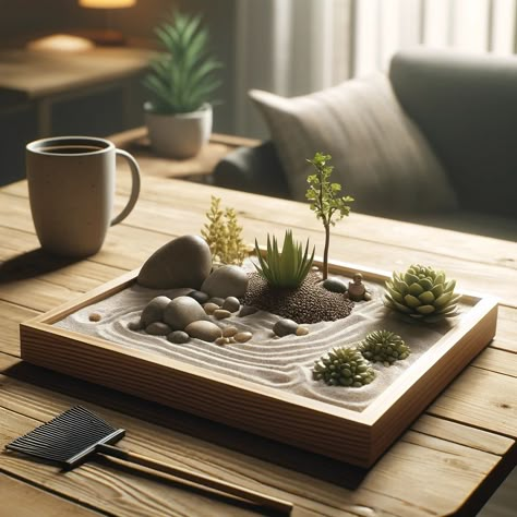 Zen Seating Area, Zen Garden Planter, Bedroom Green Decor, Corner Decor Living Room, Diy Zen Garden Mini, Mini Garden Diy, Zen Decorating Ideas, Home Zen Space, Jardin Zen Interior