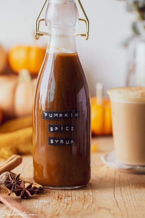 Healthy Pumpkin Spice Syrup • Bakerita Apple Syrup Recipe, Waffle Party, Pumpkin Spice Syrup Recipe, Homemade Pumpkin Spice Syrup, Apple Syrup, Homemade Pumpkin Spice Latte, Pumpkin Syrup, Vegan Pumpkin Spice, Cinnamon Syrup