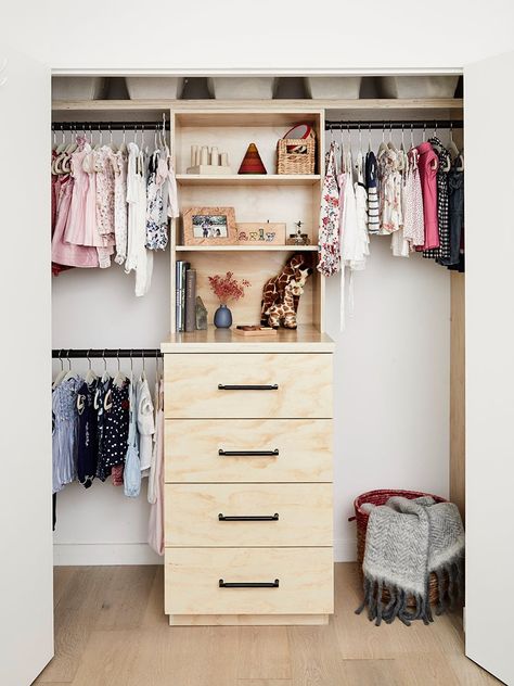 10 Ways to Make Your Kids’ Closet More Than Just a White Box Kids Closet Ideas, Floor Makeover, Tiny Closet, Kids Closet, California Closets, Nursery Closet, Storing Clothes, Integrated Appliances, Kid Closet