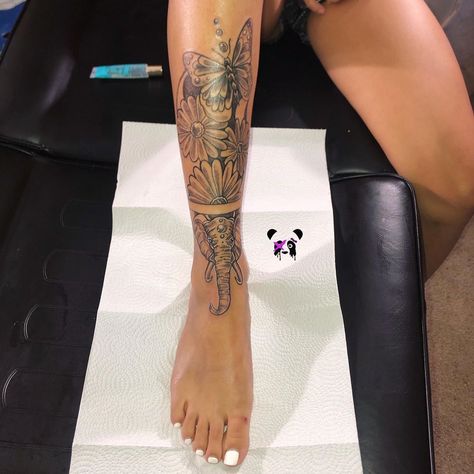 Leg Shin Tattoo Women, Elephant Tattoo Thigh For Women, Lion And Elephant Tattoo For Women On Leg, Thigh Elephant Tattoo Women, Elephant Shin Tattoos For Women, Elephant Leg Tattoo For Women, Leg Tattoos Women Elephant, Hip Tattoos Women Thigh Elephant, Ankle Tattoos For Women