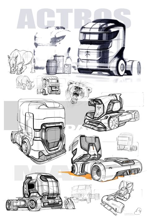 Trucks on Behance Transportation Design Sketch, Truck Design Sketch, Truck Concept Art, Product Design Sketching, Truck Sketch, Concept Truck, Truck Concept, Product Sketch, Mercedes Actros