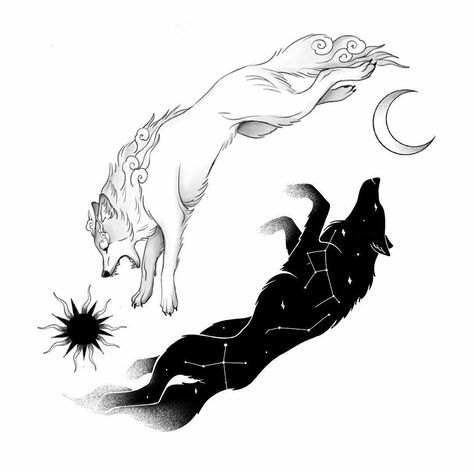 Fenrir Tattoo, Skoll And Hati, Lup Singuratic, Two Wolves, Sun And The Moon, Wolf Artwork, Norse Tattoo, Wolf Tattoo Design, Wolf Drawing