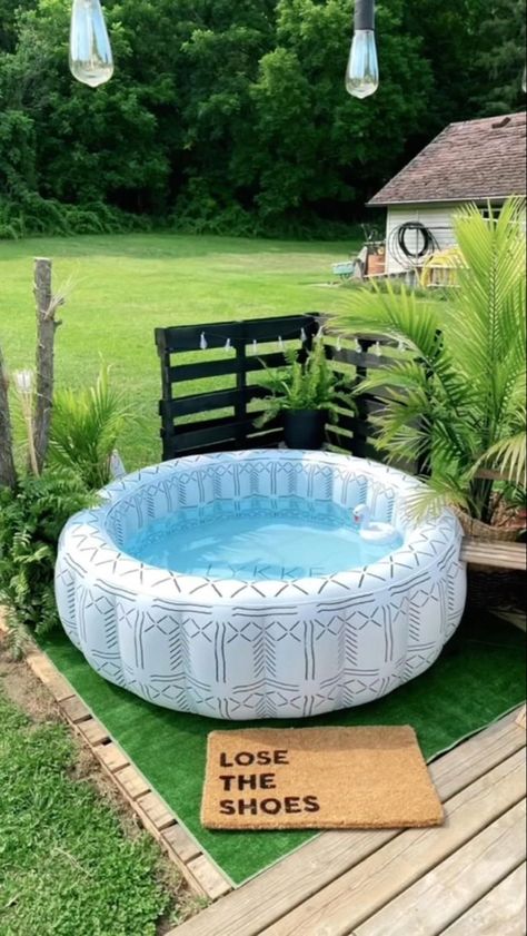 Small Backyard Transformation, Backyard Transformation, Blow Up Pool, Inflatable Hot Tub, Diy Patio Decor, Hot Tub Backyard, Diy Pool, Patio Decorating Ideas On A Budget, Back Porch Ideas