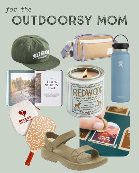 Gifts for mom outdoor theme. Candle with national park theme. Baseball cap. Water bottle. Coffee table book. Sandals. Gifts For Granola Friends, Christmas Wishlist Granola Girl, Granola Gift Ideas, Granola Girl Christmas List, Granola Amazon Finds, Granola Girl Car Decor, Granola Girl Amazon Finds, Outdoorsy Gift Basket, Granola Mom Aesthetic