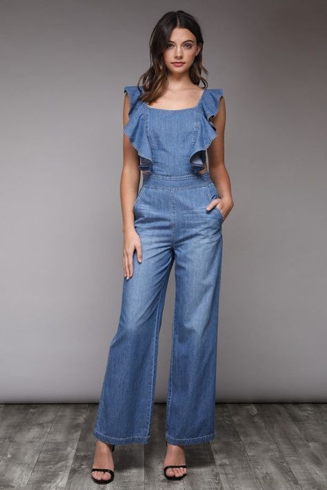 Ruffled Denim Tie Back Jumpsuit - Hippie Vibe Tribe Blue Jumpsuits Outfit, Denim Jumpsuit Outfit, Jumpsuit Jeans, Denim Pullover, Denim Tie, Luxury Clothing Brands, Jumpsuit Outfits, Ruffle Jumpsuit, Jumpsuit Elegant