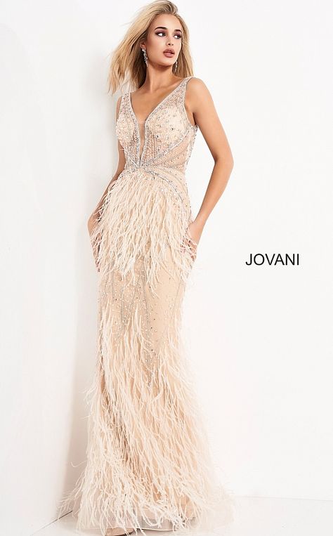 Feather Dress Prom, Great Gatsby Sweet 16, Prom Dresses With Feathers, Gatsby Sweet 16, Dresses With Feathers, Fashion Design Logo, Fantasy Wedding Dress, Fantasy Wedding Dresses, Jovani Prom Dresses