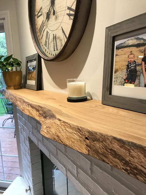 Live edge fireplace mantel Raw Edge Mantle Living Rooms, Live Edge Shelf Living Room, Living Edge Fireplace Mantel, Live Edge Mantle With Shiplap, Live Wood Mantle, Wall Mantel Shelf, Fireplace Mantle Live Edge, Slate Fireplace With Wood Mantel, Things To Do With Live Edge Wood