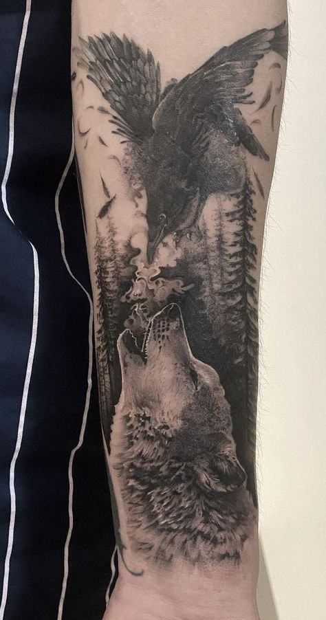 Wolf Tattoos For Women, Wolf Sleeve, Rabe Tattoo, Crow Tattoo Design, Hunter Tattoo, Beautiful Wolf, Raven And Wolf, Animal Sleeve Tattoo, Lion Tattoo Sleeves