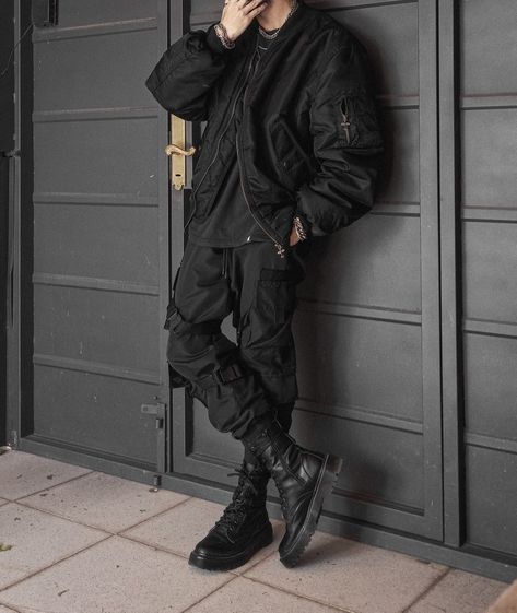 Techwear, Streetwear, Bomber Jacket, Jacket, Cargo Pants, Tech Pants, Emo, Black, Dark, Outfit, Black Outfit, All Black Outfit, Future, Futuristic, Darkwear, Cyberpunk, Chains, Eboy, Anime Boy, Kpop, Fashion, Streetstyle, Techno, Aesthetic, Photography, Urban, Urban Style, Boots, Combat Boots, cyberpunk edgerunners, edgerunners Men Dark Style, Warcore Men Outfits, Mens Black Jean Jacket, Techwear Pants Outfit, Tech Wear Street Style, Men Outfits Techwear, Mens Techwear Aesthetic, Cool Black Outfits Men, Techcore Outfits Men