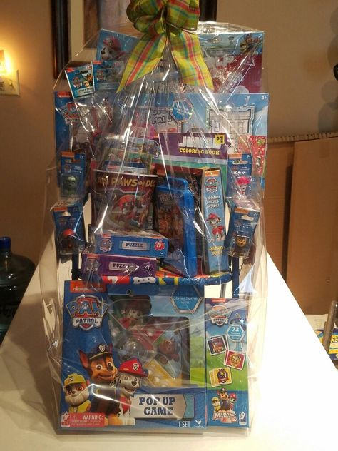 Paw Patrol Gift Basket, Paw Patrol Easter Basket Ideas, Paw Patrol Gift Ideas, Auction Basket Themes, Paw Patrol Easter Basket, Dollar Tree Easter Basket, Paw Patrol Gifts, Kids Toys For Christmas, Easter Party Games