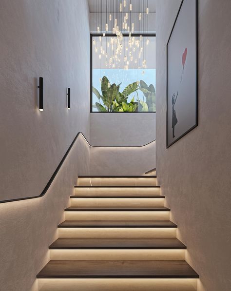 Staircase Design Minimalist, Led Lights Staircase, Stair Case Ideas, Stair Lights Indoor, Staircase Light, Staircase Lighting Ideas, Steel Staircase, درج السلم, Mind Design