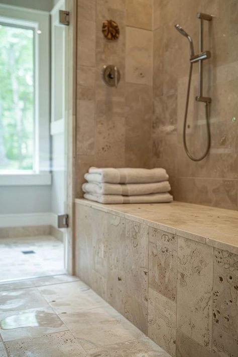 How To Clean Travertine Shower Tile: Natural Stone Care How To Clean Travertine Tile Showers, Updating Travertine Bathroom, Travertine Color Palette, Natural Stone Bathroom Tiles, Travertino Bathroom Design, Updated Travertine Bathroom, Travertine Shower Tile Ideas, Travertine Bathroom Modern, Travertine Bathroom Update