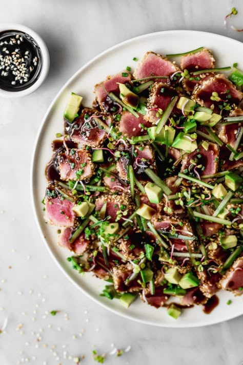 Sesame Crusted Tuna Tataki | Cravings Journal Sesame Crusted Tuna, Tuna Tataki, Beef Filet, Salads For Parties, Tuna Steaks, Tuna Recipes, Sea Food, Savoury Dishes, Fish And Seafood