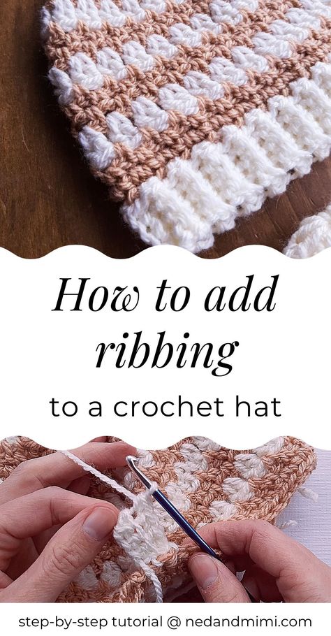 Crochet Hat Bands Pattern, How To Crochet Ribbing On Hat, How To Add Ribbing To Crochet Hat, Crochet Beanie Ribbed Band, Adding Ribbing To Crochet, Crochet Hat Ribbing, How To Add Ribbing To Crochet, Crochet Hat Edging, Crochet Ribbing In The Round