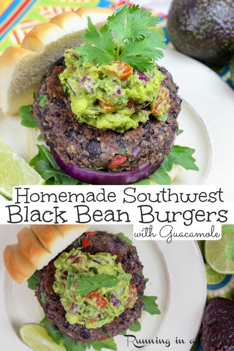 Homemade Black Bean Burger recipe - This is the BEST Southwest Black Bean Burger with Guacamole. An easy and healthy vegetarian burger patties recipe that's plant based, low calorie and delicious. Simple to grill or cook on the stove. Family recipe! Includes vegan option. / Running in a Skirt #vegetarian #vegan #burger #blackbeans #healthy via @juliewunder Black Bean Burger Recipe, Vegetarian Grilling, Black Bean Burger, Veggie Burgers Recipe, Bean Burgers, Burger Patties, Black Bean Burgers, Vegetarian Burger, Patties Recipe