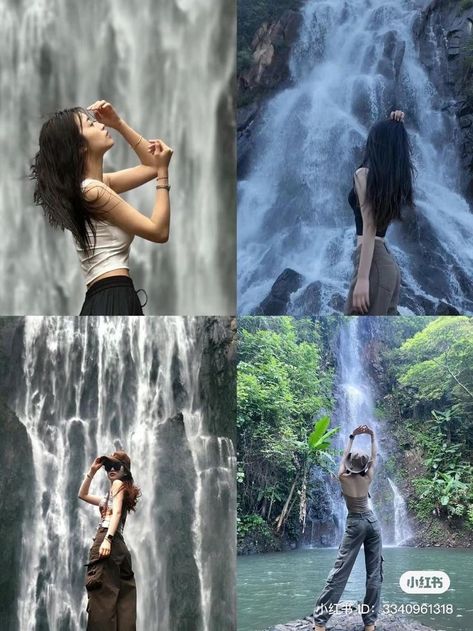 Photo Pose In Waterfall, Poses With Waterfall, Outfit For Waterfall Trip, Waterfalls Photoshoot Ideas, Waterfalls Outfit Ideas, Waterfall Poses Photo Ideas Women, Waterfall Picture Ideas Instagram, Waterfall Photo Ideas, Waterfalls Outfit