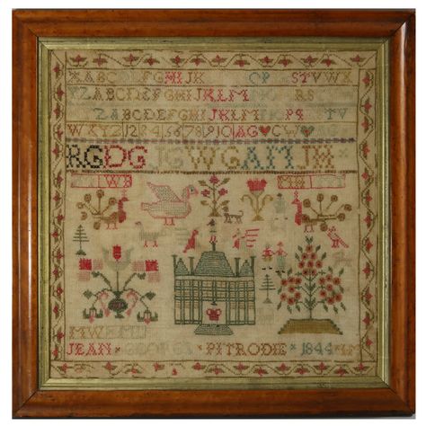 Antique Scottish Sampler, 1844, by Jean George Strawberry Border, Scandinavian Textiles, Alphabet A, Antique Samplers, Modern Textiles, Embroidery Sampler, Decorating Themes, Wool Thread, Antique Gift