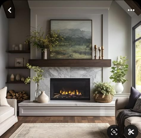 Limestone Wash Fireplace, Wide Fireplace Ideas, Mantels Decor, Raised Fireplace, Limestone Wash, Wood Fireplace Surround, Bangalore House, Wood Fireplace Surrounds, Fireplace Black