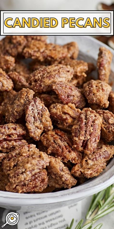 photo of a bowl of candied pecans with recipe title block at the top. Cinnamon Sugar Pecans, Sugar Pecans, Christmas Diy Food, Candied Pecans Recipe, Sugared Pecans, Pantry Ingredients, Spiced Pecans, Roasted Pecans, Nut Recipes