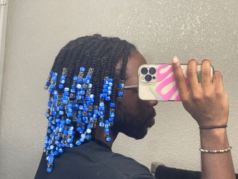 Blue Beads On Braids, Hair Beads Men, Dark Blue Braids With Beads, Blue Beads Hairstyle, Twist With Beads Men, Twists Black Men Hair, Black Men Hair, Bday Hair, Men Hair