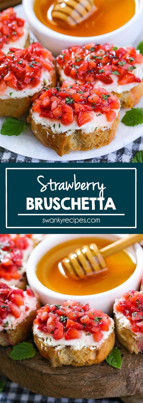 Easy Easter Recipes Appetizers, Salsa Appetizers Appetizer Ideas, Dinner With Strawberries, Strawberry Finger Food, Valentines Bruschetta, Strawberry Appetizers For Party, Finger Foods Appetizer Recipes Summer, Strawberry Savory Recipes, Strawberry Recipes Savory