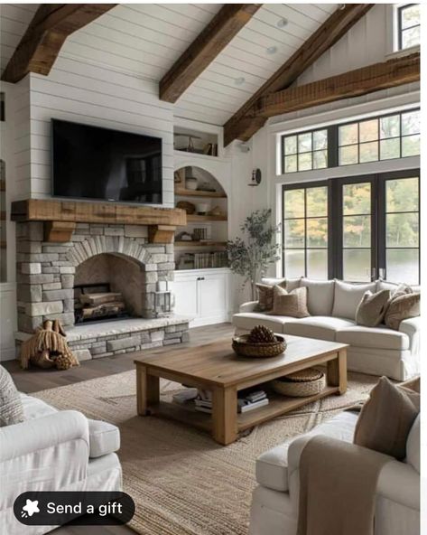 Modern Log Home Interiors, Affordable Farmhouse Kitchen, Modern Log Home, French Country Ideas, Cottage Fireplace, Family Room Addition, Indoor Outdoor Fireplaces, Log Home Interiors, Huge Houses