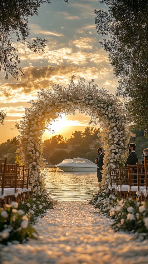 Dreaming of a Romantic Sunset Wedding in Sitges? 🌅 Picture an enchanting floral arch by a tranquil lake, as love blooms under a golden sky! Let us capture your special moments forever. 💍✨ #Midjourney #SitgesWedding #SunsetLove #WeddingVideographer Sunset Beach Wedding Photos, Romantic Sunset Wedding, Sunset Beach Weddings, Golden Sky, Barcelona Wedding, Wedding Spain, Romantic Sunset, Beach Wedding Photos, Wedding Scene