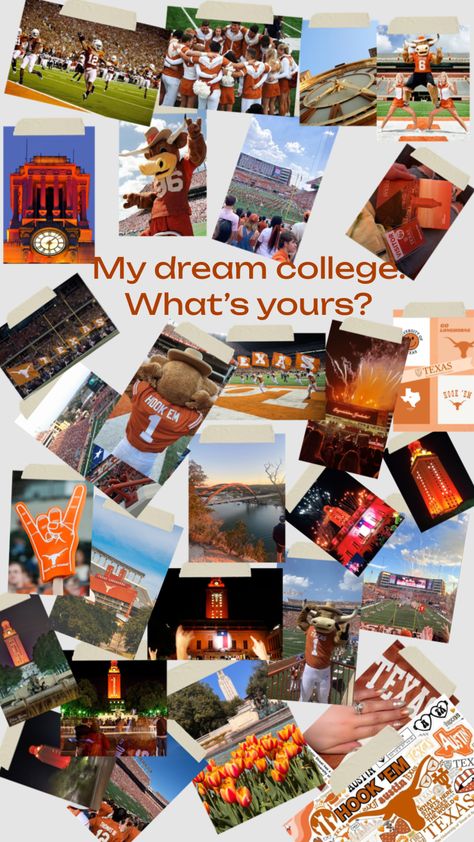 What is your dream college Texas University Longhorns, Texas Aesthetic, City View Night, What Is Your Dream, Tennessee Volunteers Football, Ut Longhorns, College Vision Board, Dream Collage, Longhorns Football