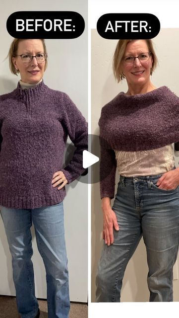 Julie Yost on Instagram: "Here is my next entry for #ReFebulous2024 - a shrug made out of an old sweater. 😱

I knew there’d be cool evenings where I’d want another layer over the ‘shower curtain dress’ so a shrug-type-thing would be a nice option. Having recently seen someone who had knit their own shrug, I asked myself, “Why don’t I sew a shrug using an old sweater?” 🤔🤔
I should have answered myself: “Because you have no idea how to do that.” 
But I guess I’ve never let a lack of knowledge stop me from doing anything in the past….🤦‍♀️

So I jumped in & began deconstructing the sweater. After removing the sleeves, I opened up one side seam creating a large rectangle out of the lower half of the garment. Next I cut off the sleeve caps and reattached the sleeves to each side of the sweat Turn A Sweatshirt Into A Jacket, Sweater Upcycle Diy, Diy Sweater Refashion, Redesign Clothes Diy, Old Sweater Diy, Cashmere Sweater Upcycle, Curtain Dress, Upcycling Clothes, Sewing Challenge