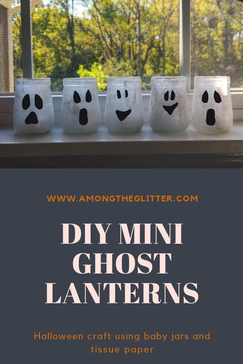 DIY Mini Glass Jar Ghost Lanterns Ghost Lanterns Diy, Oui Jar Halloween Projects, Mason Jar Ghosts, Ghost Luminaries, Mummy Jar Lanterns, Diy Ghost Candle Holder, Ghost Jar, Baby Jar Crafts, Ghost Lantern