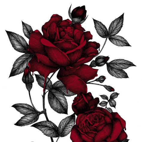 Red Rose Black Leaves Tattoo, Deep Red Rose Tattoo, Dark Red Flower Tattoo, Red Tattoo Cover Up, Dark Red Rose Tattoo, Red And Black Rose Tattoo, Black And Red Rose Tattoo, Dark Rose Tattoo, Tattoo Chest And Shoulder