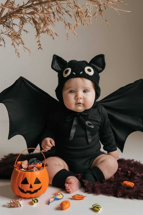 A baby dressed in an adorable bat costume, lying on a flat surface. The baby is wearing a black outfit with bat wings spread out, and a matching black hat with cute eyes and small ears. Newborn Bat Costume, Bat Baby Costume, Baby Bat Photoshoot, Diy Baby Bat Costume, Easy Diy Baby Halloween Costumes, Diy Halloween Baby Photoshoot, Diy Bat Costume Kids, Fantasia Halloween Bebe, Baby Halloween Costumes Diy