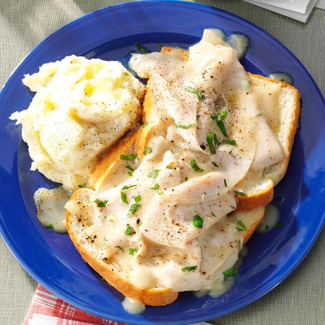 Blue Plate Open-Faced Turkey Sandwich Recipe -Turkey with gravy makes divine comfort food that reminds me of old-time diners on the East Coast. Happily, my gravy is not from a can. —Chris Schwester, Divide, Colorado Open Face Turkey Sandwich, Hot Turkey Sandwiches, Turkey Sandwiches Recipes, Croissant Sandwich, Turkey Sandwich, Open Faced Sandwich, Deli Turkey, Diner Recipes, Hot Sandwich