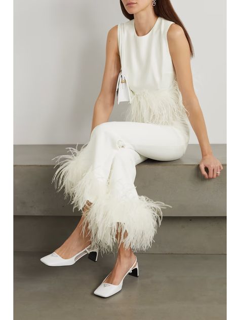 Bridal outfit: clothing, accessories, shoes | NET-A-PORTER Feather Trimmed White Dress, Ostrich Feathers Fashion, White Dress Net A Porter, Feather Trim Outfit, Feathered Outfit, All White Outfit Classy, Feather Top Outfit, Ostrich Feather Dress, Weddings 2024