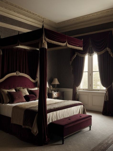 Create a mesmerizing dark castle aesthetic in your bedroom with luxurious velvet curtains and a grand four-poster bed. Add antique candle holders and gothic-inspired wall art to accentuate the dramatic ambiance. Dark Castle Bedroom, Poster Bed With Curtains, Four Poster Bed With Curtains, Dark Castle Aesthetic, Burgundy Bedroom Ideas, Bed With Curtains, Burgundy Bedroom, Antique Candle Holders, Hippie Bedroom Decor