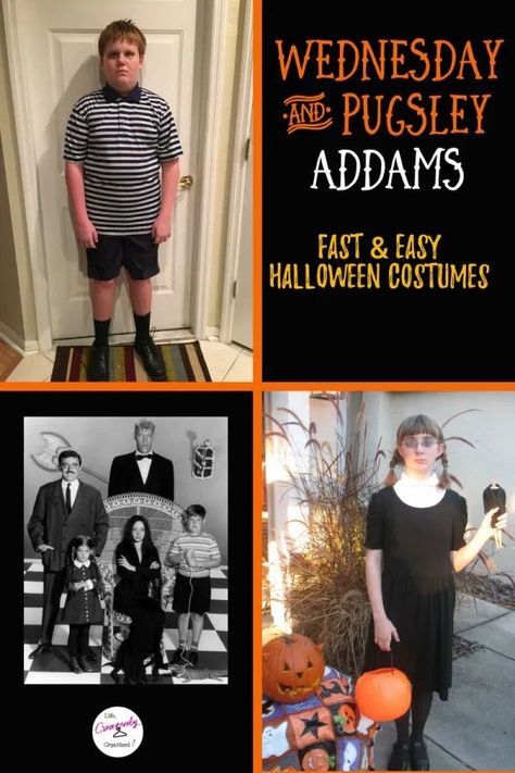 Awesome Wednesday and Pugsley Addams Halloween costumes. Instantly recognizable yet very easy to make. Don't forget Marie Antoinette, Wednesday's doll. DIY Halloween costume | Wednesday Addams costume | Pugsley Addams costume | Addams family costume | kids Halloween costume | no-sew Halloween costume Pugsley And Wednesday, Wednesday And Pugsley Addams, Pugsley Addams Costume, Wednesday And Pugsley, Adams Family Halloween, Sew Halloween, Sew Halloween Costume, Pugsley Addams, Halloween Tricks