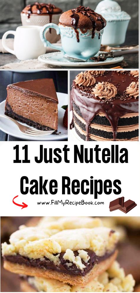 11 Just Nutella Cake Recipes ideas to create. Nut chocolate for cup cakes as well as mug cakes and easy cheese cakes and brownies fillings. Gluten Free Nutella Recipes, Nutella Cake Recipes, Easy Nutella Recipes, Nutella Cakes, Nutella Lava Cake, Cake Recipes Ideas, Best Nutella Recipes, Nutella Desserts Easy, Nutella Dessert Recipes