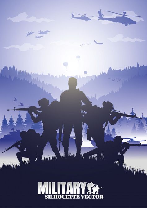 Military illustration, army background, soldiers silhouettes. Download it at freepik.com! #Freepik #vector #silhouette #men #gun #army Soldiers Illustration, Army Background, Game Poster Design, Army Painting, Soldier Drawing, Army Photo, Soldier Silhouette, Military Illustration, Military Poster