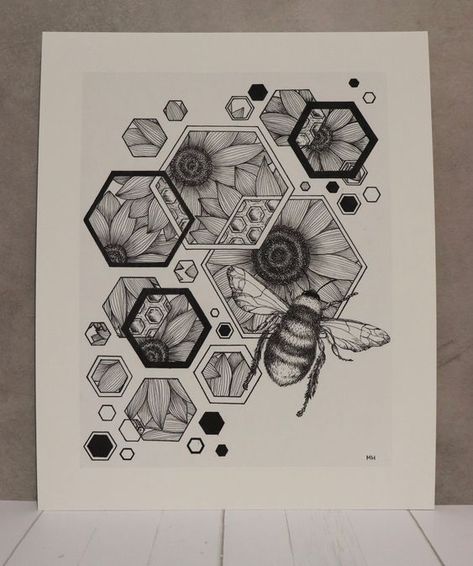 "9\"x11\" \"hexagons, sunflowers, and a bee\" drawing PRINT (1\" white border)" A Bee Drawing, Honeycombs Drawings, Hexagon Tattoo, Honeycomb Tattoo, 26 Jan, Bee Drawing, Floral Tattoo Sleeve, Art Concepts, Leg Tattoos Women