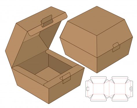 Box packaging die cut template design. 3d Premium Vector Box Packaging, Take Out Box Template, Cute Food Packaging Design, Food Packaging Template, 3d Paper Food Templates, Food Box Template, Box Packaging Design Templates, Package Design Template, Food Packaging Ideas