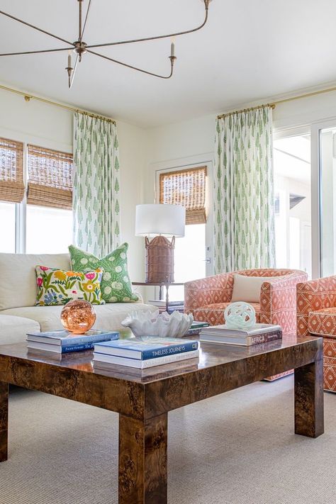 Blue Green And Coral Living Room, Charleston Style Living Room, Traditional Living Room Inspiration, Colorful Coastal Living Room, Chinoiserie Living Room, Oyster Creek Studios, Sage Green Curtains, Home Decor Amazon, Florida Decor