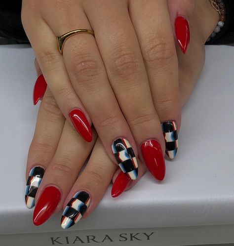 I can’t tell if I love the shade of this red or the checker design even more ❤️ @beetlesgelpolish @beetles_community @apresnailofficial #gel #gelnails #gelpolish #gelnail #gelextensions #nailsnailsnails #nail #nailart #naildesign #naildesigns #nails #nails2inspire #nailartist #rednails #checkered #checkernails #design Red And Black Checkered Nails, Checkered Flag Nails Racing, Checkered Flame Nails, Red Checkered Nails, Orange And Black Checkered Nails, Race Nails Designs Checkered Flag, Checkerboard And Flames Nails, Trippy Checkered Nails, Checkered Nails