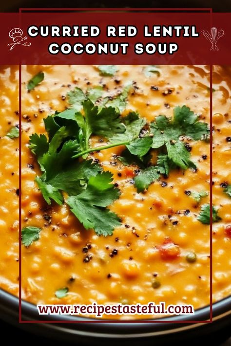 A rich and hearty soup featuring red lentils, coconut milk, and vibrant spices, perfect for a comforting meal. Lentil Coconut Soup, Curry Vegetable Soup, Lentil Curry Soup, Lentil Coconut, Coconut Lentil Soup, Coconut Milk Soup, Red Lentils, Coconut Soup, Curry Soup