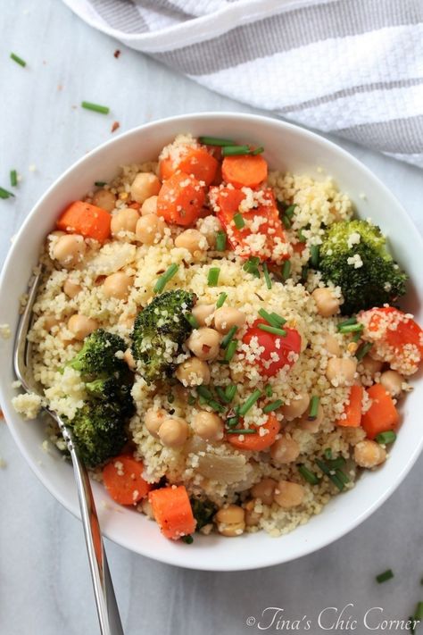 Cheat Sheet Roasted Vegetable Couscous – Tina's Chic Corner Vegetable Couscous Recipes, Roasted Vegetable Couscous, Vegetable Couscous, Couscous Recipes, Broccoli Florets, Couscous, Roasted Vegetables, Juicing Lemons, Food Network Recipes