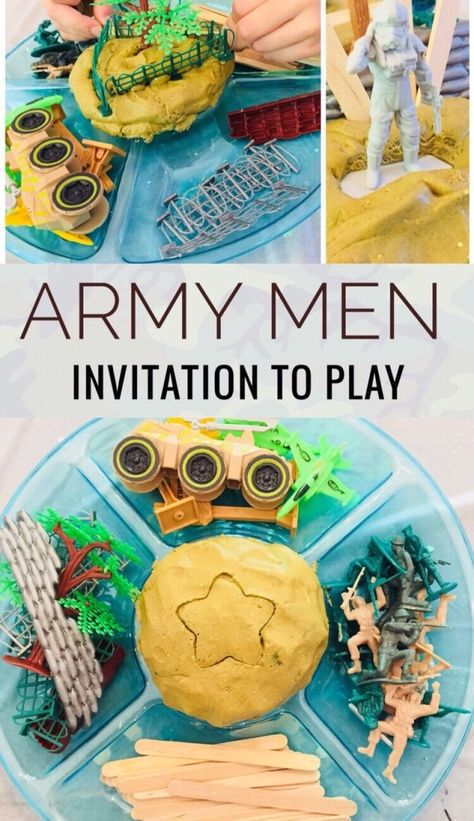 Creative Play Idea for Elementary School Aged Boy - Army Men Cloud Dough Invitation to Play #creative #craftsforkids #army #playdough #sensoryactivities Army Activities For Kids, Army Men Crafts, Playdough Trays, Playdough Crafts, Playdough Ideas, Afternoon Activities, Cloud Dough, Activity Box, Craft Sticks