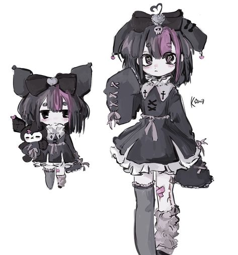 Kuromi Character Design, Kuromi Art Human, Hello Kitty Outfit Drawing, Hello Kitty Anime Human, Kuromi Gijinka, Sanrio Characters Human Version, Kuromi's Pretty Journey, Sanrio Gijinka, Kuromi Illustration