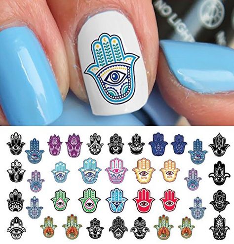 Light Colored Nails, Evil Eye Nails, Fatima Hand, Nail Art Decals, Waterslide Decals, Simple Nail Art Designs, Simple Nail Designs, Cute Nail Designs, Art Decals