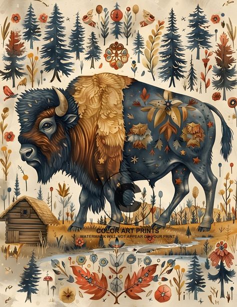 Bison Buffalo Montana Yellowstone National Park Giclée Cabin Art Print 8.5x11 Native American Buffalo, Buffalo Pictures, Bison Art, Buffalo Art, Cabin Art, Cloud Drawing, Unique Poster, Poster Pictures, American Indian Art