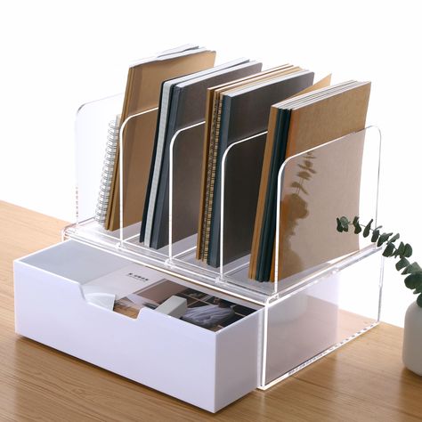 PRICES MAY VARY. 📒【Practical Desk File Folder Holder Organizer】Simplify your workspace with this acrylic desk organizer for desk, featuring a 4-compartment vertical baffle for easy insertion, a convenient drawer for standard letter-size paper files, and hassle-free assembly. Achieve a well-organized office environment effortlessly. 📒【Acrylic Excellence Craftsmanship】Experience superior craftsmanship with a clear acrylic material that provides a warm and delicate feel. The minimalist design add Clear Acrylic Desk Organizer, Office Desk Organization Ideas, Desk Drawer Organization, Professional Office Decorating Ideas, Decorate My Office At Work, Acrylic Office Supplies, Desk Drawer Organisation, Work Desk Organization, Desk Organization Ideas